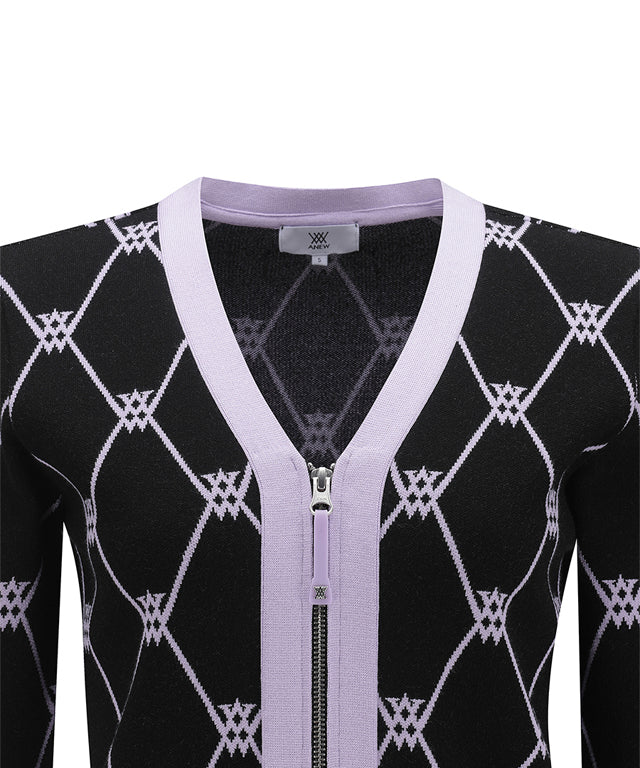 ANEW Golf Women Monogram Logo Entrasia Cardigan in fresh colors with a net-like logo jacquard pattern, showcasing its stylish design.